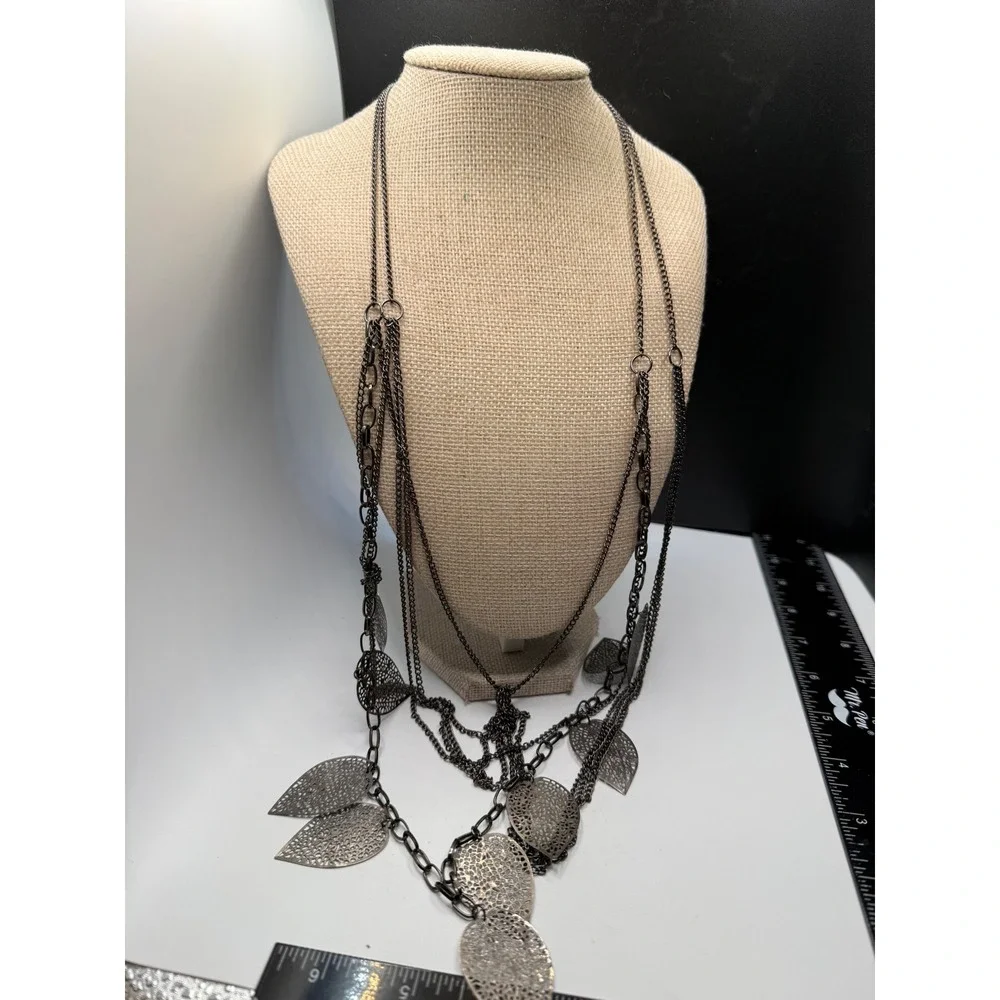 Gunmetal Multi Strand Filigree Leaf Statement Necklace Boho Layered Draped Chain